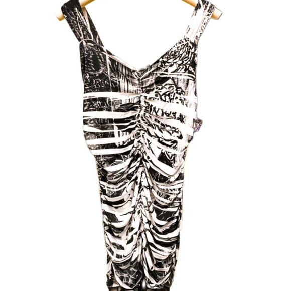 Dots NEW Abstract Ruched White Black Top Blouse V-neck Wide Straps Stretchy MED - Picture 1 of 8